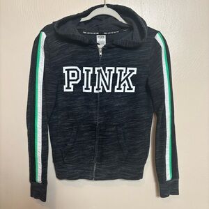Pink Victoria’s Secret Women’s Zip Up Hoodie Sweatshirt Gray Green Stripe Arm XS